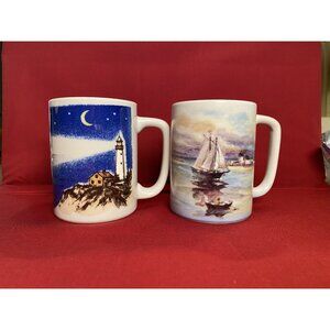 Otagiri 2 Mug Set Coffee Tea Ceramic Pair Ships Ocean Nautical Japan Vintage EUC